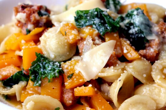 Orecchiette Pasta with Italian Sausage, Roasted Butternut Squash and Kale