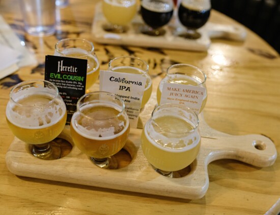 One of the many tasting flights offered at Heretic Brewing