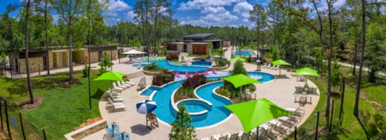 Aerial view of the lazy river and recreational pool. 