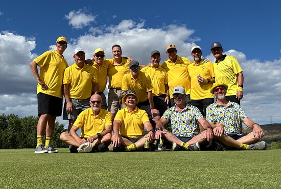 The Men of the Yellow Jacket Classic at their most recent tournament gathering. Fossil Trace Golf Club in Golden, September 2025.