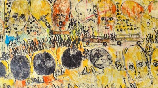"Funeral Procession Through The City," 48 by 96 inches, paint on fiberboard. From the Collection of Lynne and Jack Dodick.