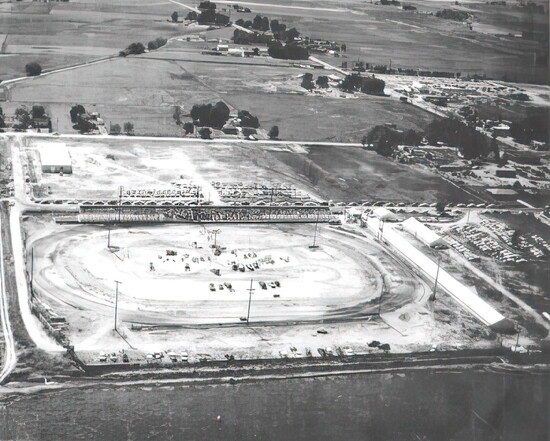 Meridian Speedway, 1959—surrounded by farmland, with a dairy barn to the north. Photo: Idaho Historical Racing