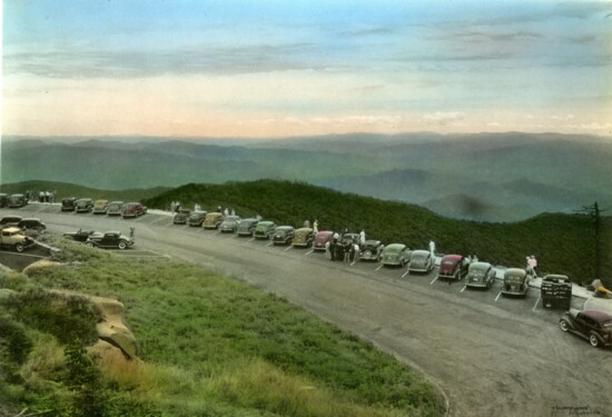 Parking plaza on Clingman's Dome.  Great Smoky Mountains (N.C. and Tenn.).  Hand tinted photograph. Old Number A-3258 A2  [July 1939]