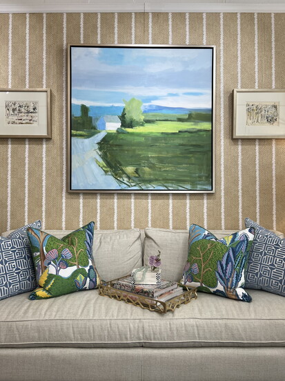 Custom linen sofa, Thibaut pillows and wallpaper.
