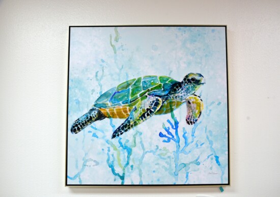 Embellished canvas wall decor beautifully framed and ready to hang.  Available at Beach Life by Terry.