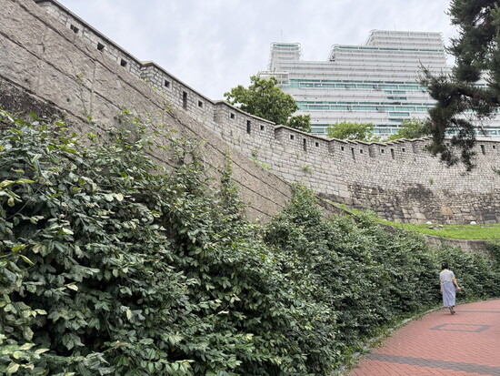 The walking trail along Seoul City Wall offers a mix of city and mountain views.