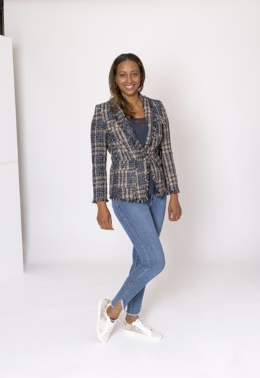 Boucle blazer with lurex by Central Park West high rise straight leg jean by Mavi