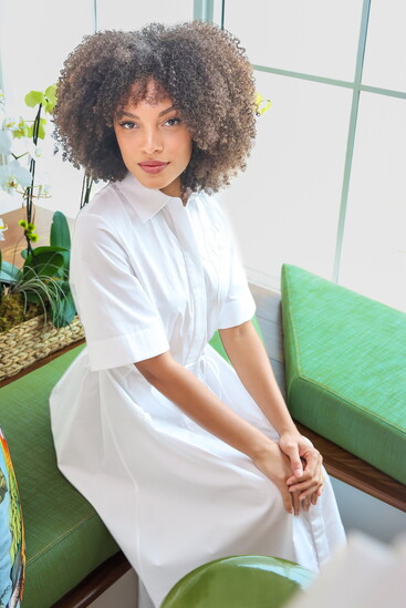Aniya in Erdem Embroidered Mini Shirt Dress