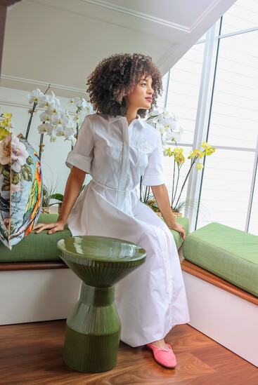 Aniya in Erdem Embroidered Mini Shirt Dress