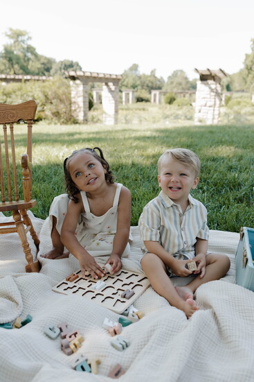 Kali Set - Embroidered Daisies, Collared Short Sleeve Shirt - Valencia Stripe and Relaxed Short - Marine Stripe