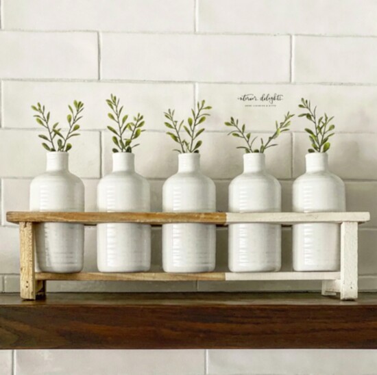 White Two Toned Vase and Stand Set from Interior Delights, $29.99 https://www.interiordelights.net/collections/planters/products/white-two-toned-vase-stand-set