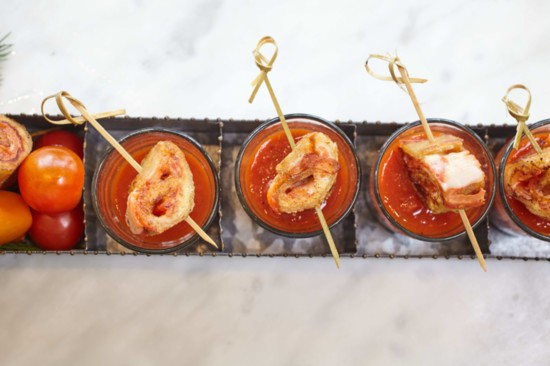 Tomato shooters with grilled cheese pinwheels