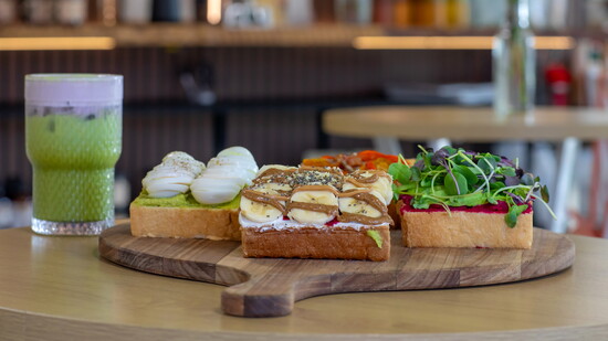 Toast Flight with Beetlejuice Matcha, Rising for People Coffee