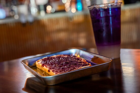 Ricotta Blueberry Jam Toast with Unicorn Iced Tea, Superstitions Java