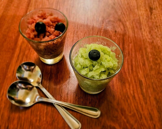 Pictured here are the raspberry/strawberry and the cucumber Granita desserts. This dessert is not what you would expect. It is remarkably refreshing and melts i