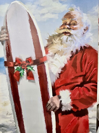 A Santa with Surfboard painting is a holiday decor must at Breakwater Home Fashions.