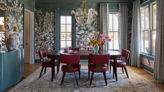 The dining room’s House of Harris wallpaper is a pattern Neely loves enough to have in her own home’s powder bath. Lacquered Highland House cabinet, ceiling, an