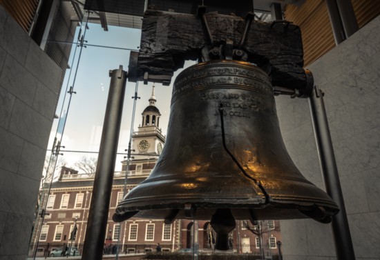 Clear view of Liberty Bell in foreground and Independence Hall in background