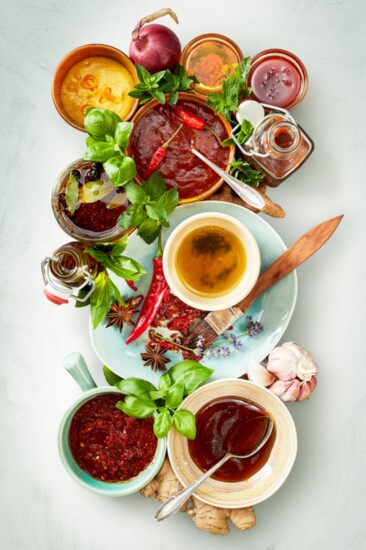Variety of spicy marinades, sauces and dressings 