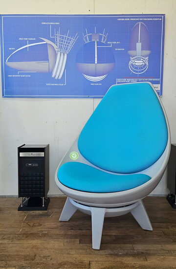 Swivel egg chair from the VIP lounge at Epcot, blueprint for a Universal Studios Mardi Gras parade float, "Duosound" hi-fi by Crowncorder