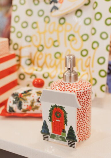This red dot soap pump by Happy Everything is the perfect wintry touch for your guest lavatory.