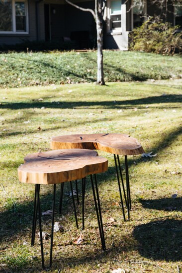 Collaborating with woodworker and furniture maker Carter Wolfe, two side tables were created from the cuts.