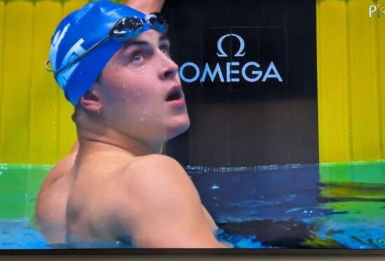 Jake looking at his time after winning his heat at Olympic Trials in Indianapolis. 
