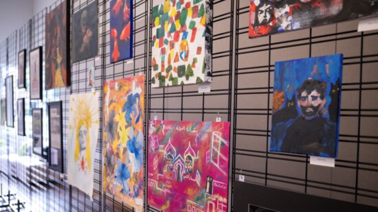 A campus art exhibit showcases student creativity.