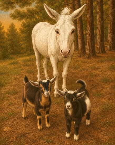 Baasandbuzzes illustration: Phil the Donkey stands watch over Theo and Percy, the bottle babies who became his herd and his best friends.