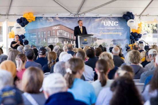 President Andy Feinstein addresses the large crowd at the groundbreaking ceremony