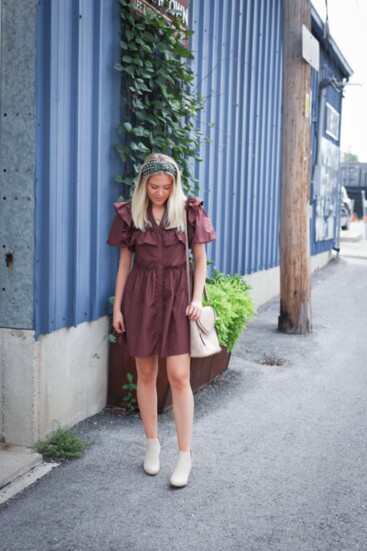 Fall bubble ruffle in chocolate and inbound bootie. Whipstitch crossbody