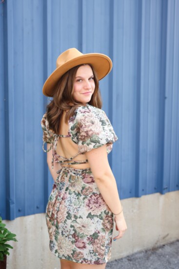 Floreana Sage Mini Dress. Wide brimmed fedora hat 