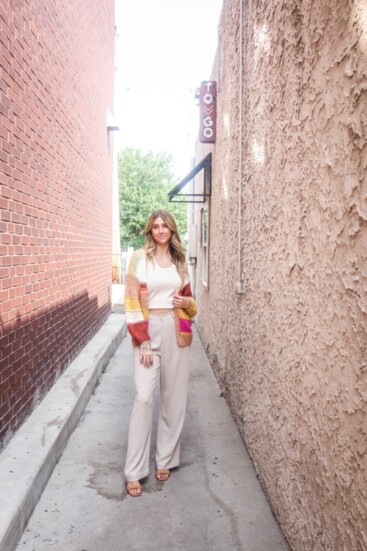 Hand-knit multi-stripe cardigan. Micah pant.Sirena rib tank.