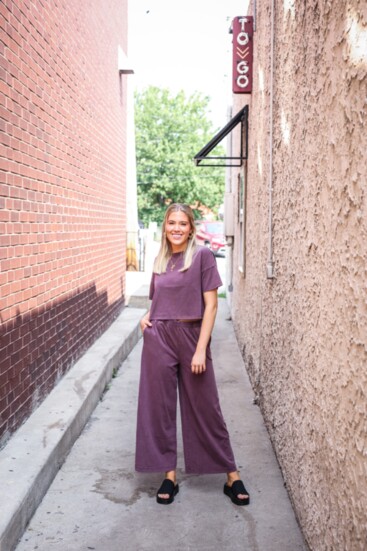 Sway cropped tee and scout flare pant in cocoa berry. Farley platforms