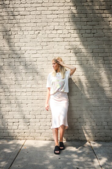 Sunshine boyfriend tee.Satin midi skirt. Farley platforms 