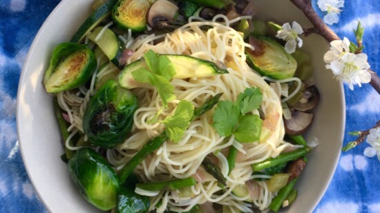 Vegan Pasta Primavera with Braised Brussel Sprouts