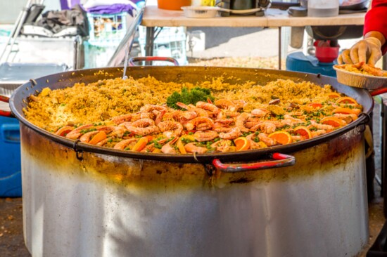 A Spanish paella featuring shrimp