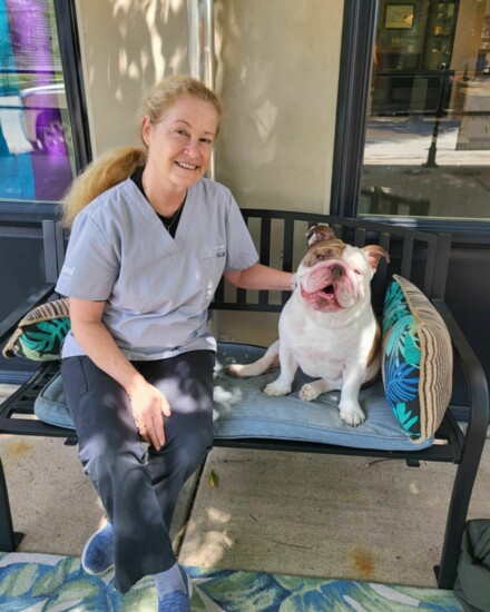 Vet Stop's Dr Rhiannon McKnight with Olive outside New Towns location