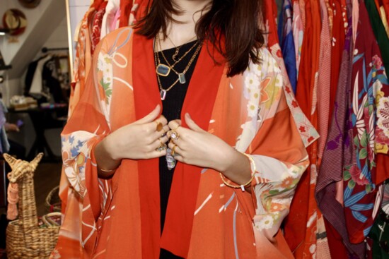 Hand painted antique kimonos from 1920 - 1970 teamed with Vandi Hodges jewelry, a stunning combination