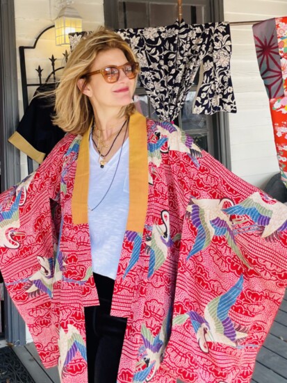 Designer Vandi Hodges wearing a vintage kimono and her own jewelry designs