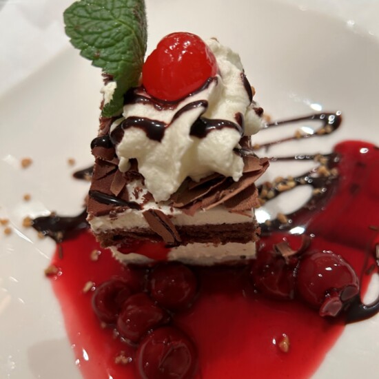 One of the amazing desserts offered at dinner on the ship was Schwarzwälder Kirschtorte, made of chocolate, cherries, cherry brandy and whipped cream.