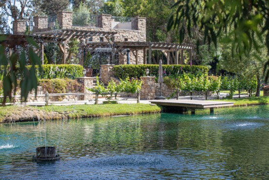 The picturesque lake provides a serene view.