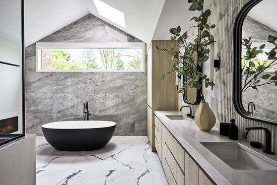 A spa-like bathroom designed by ABLAZE Design Group (Betty NYC).