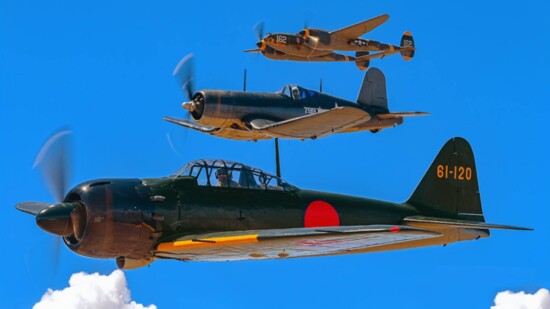 Bottom to Top; Mitsubishi A6M5, Zero Vought F4U-1A, Corsair Lockheed P-38J Lightning. 