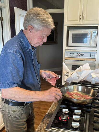 Allan Benton at home frying his country ham. Photo Sharon Benton