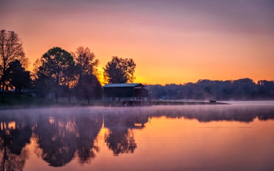 Winter mist rises over Old Hickory Lake at Saundersville Cove.