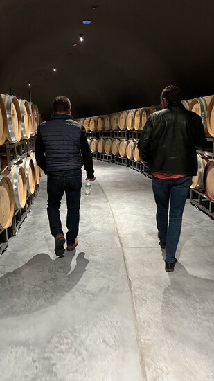 Chris Figgins in the cave beneath the vineyards. Behind the cellar doors, conversations about farming, timing, and craft continue long after harvest begins.
