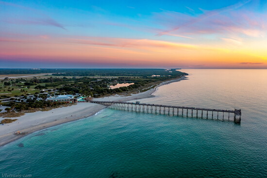 An aerial view of Sharky’s and the historic Venice Fishing Pier.