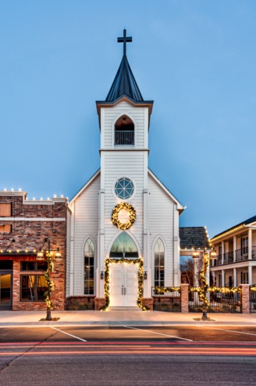 All decked out for Christmas, the wedding chapel is designed in turn-of-the-century style, a common architectural style in early-day Oklahoma.