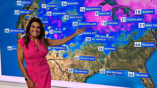 Vera Jimenez on set at KTLA, where she delivers the daily weather forecast to viewers across Southern California.